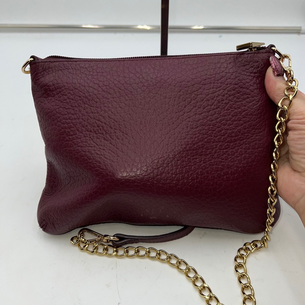 Lodis Burgundy Pebble Leather Crossbody Bag Gold Chain Strap Zip Top - Picture 7 of 11